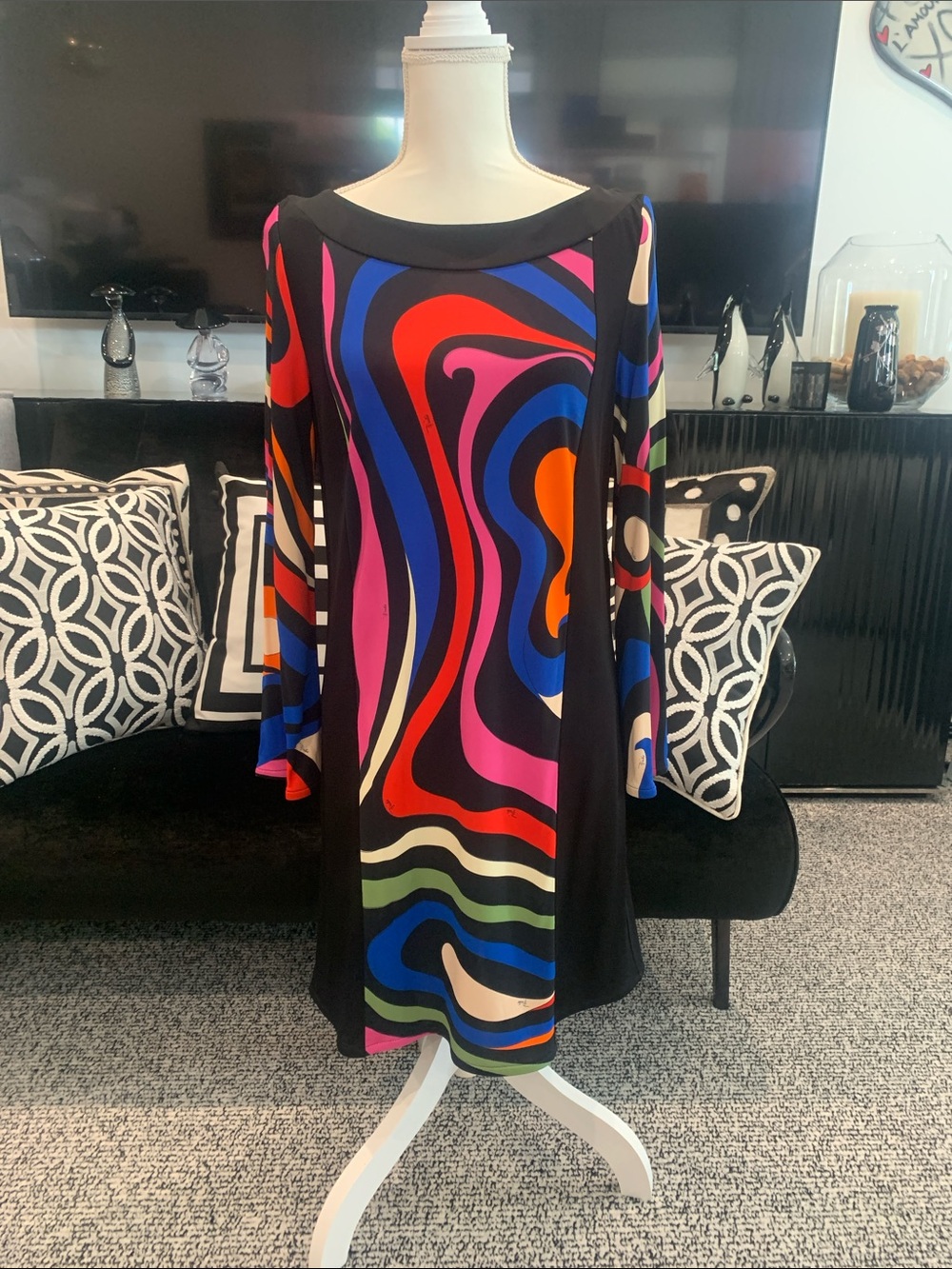 NWT PUCCI Vibrant Swirl Print Long-Sleeve Dress - Black & Multicolor US  size 8